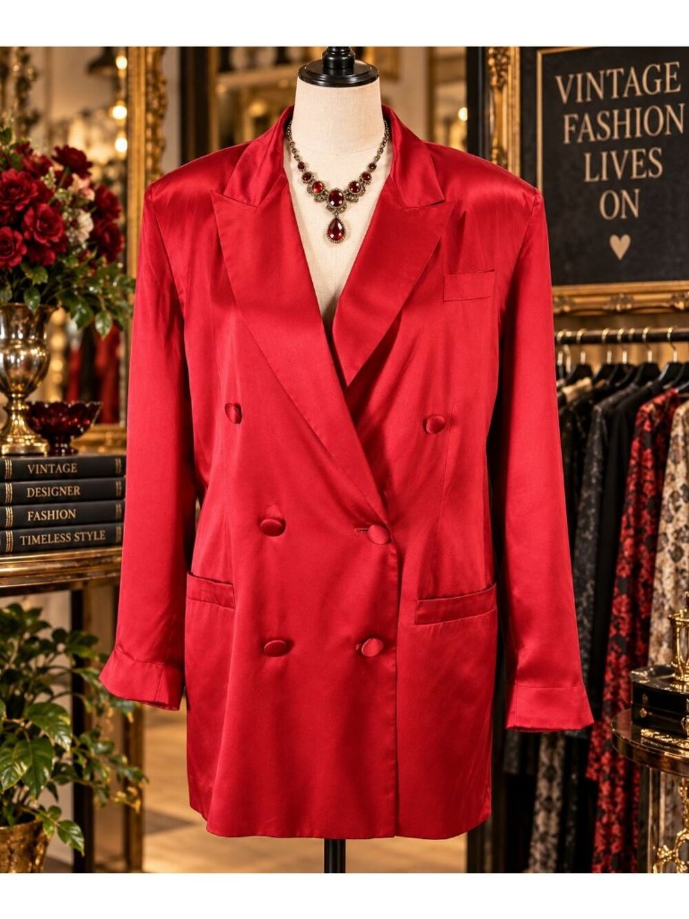 Vintage 80s Virginia Slims V Wear Red Silk Double-Breasted Blazer Jacket Size M